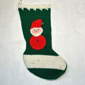 Vtg Handmade Crochet Christmas Stocking Green White Santa Claus Jingle Bell Holi